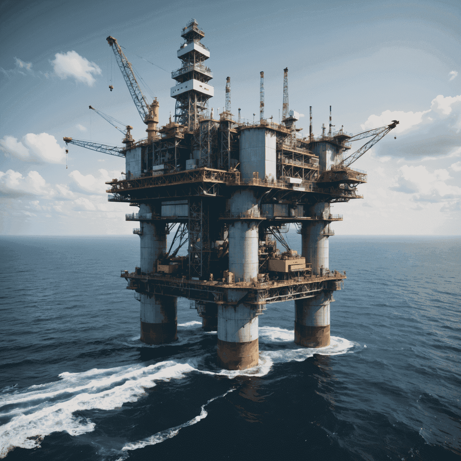 Plataforma petrolera en el océano con medidas de protección ambiental visibles, como barreras de contención y equipos de monitoreo